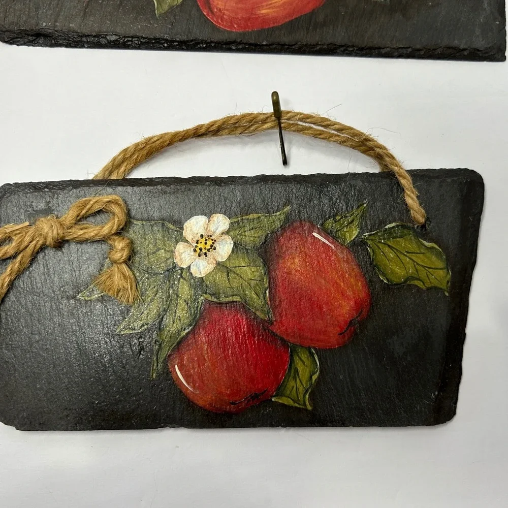 Hand Painted Slate Apple Wall Hanging Decor Set of‎ 2 Home Decor Cute Art